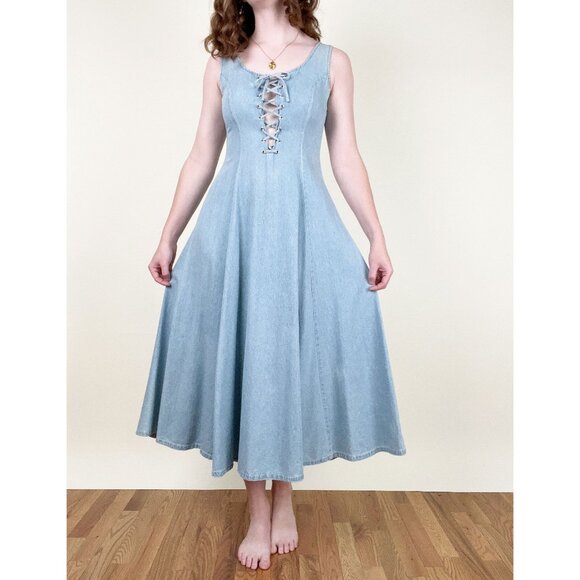 Vintage Lace Up Corset Midi Maxi Dress Summer Sun A-line Whimsigoth Cottagecore - Picture 4 of 10